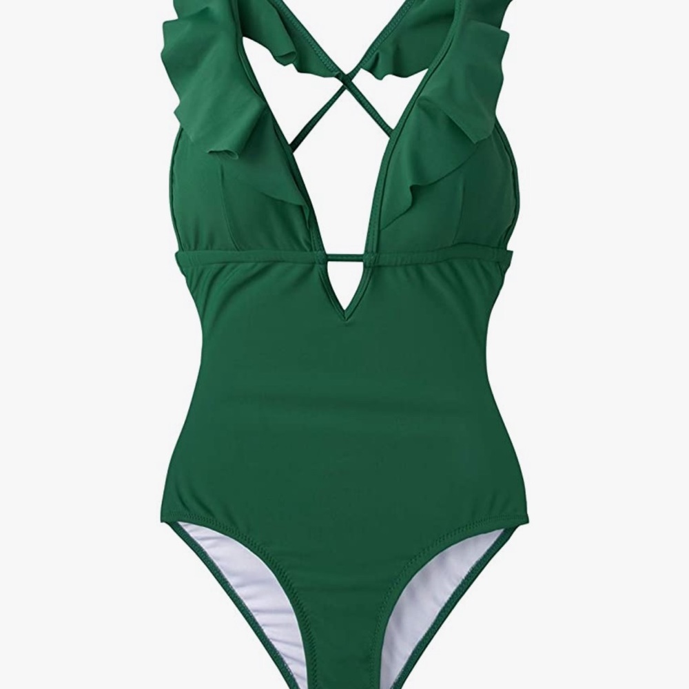 Women's One Piece Swimsuit Ruffle Deep V Neck Strappy Swimwear Bathing Suit